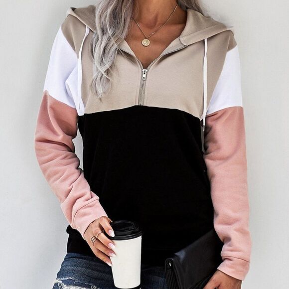 Hoodie Sweater Sweatshirt pink cotton color block quarter zip pullover - Picture 4 of 16
